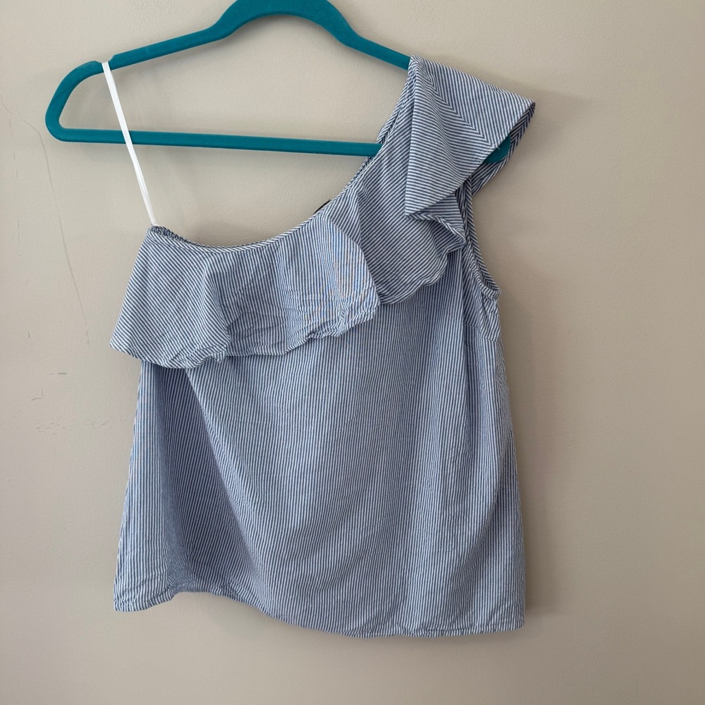 Ann Taylor Factory Blue White‎ Stripe One Shoulder Ruffle Top Womens XS
